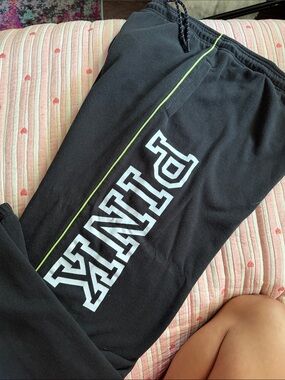 PINK Victoria's Secret Black Track Joggers with White Logo and Neon Trim